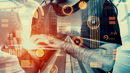 Future building construction and inventive engineering project concept with HUD hologram graphic...
