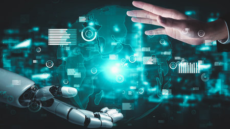 Futuristic robot artificial intelligence enlightening AI technology development and machine learning...