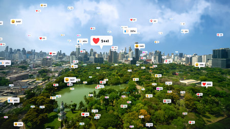 Social media icons fly over city downtown showing people reciprocity connection through social...
