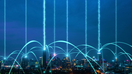 Smart digital city with connection network reciprocity over the cityscape . Concept of future smart wireless digital city and social media networking systems that connects people within the city .の写真素材
