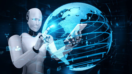 Internet connection controlled by AI robot huminoid and machine learning process to analyze data...