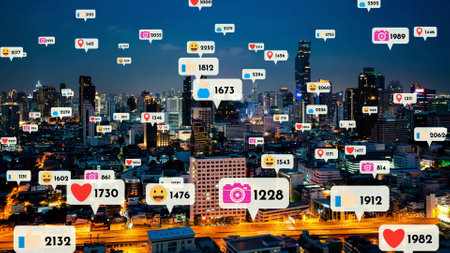Social media icons fly over city downtown showing people reciprocity connection through social network application platform . Concept for online community and social media marketing strategy .の写真素材