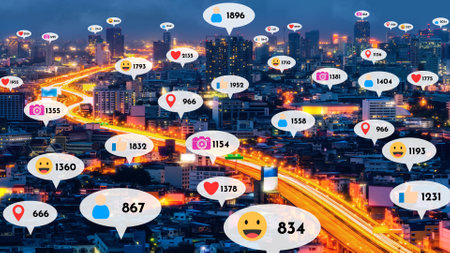 Social media icons fly over city downtown showing people reciprocity connection through social network application platform . Concept for online community and social media marketing strategy .の写真素材