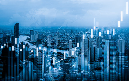 Stock market business concept. Financial graphs and digital indicators with modernistic urban area and skyscrapers as background. Double Exposure.の写真素材