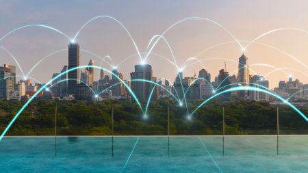 Smart digital city with connection network reciprocity over the cityscape . Concept of future smart wireless digital city and social media networking systems that connects people within the city .の写真素材