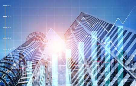 Stock market business concept. Financial graphs and digital indicators with modernistic urban area and skyscrapers as background. Double Exposure.の写真素材