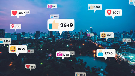 Social media icons fly over city downtown showing people reciprocity connection through social...