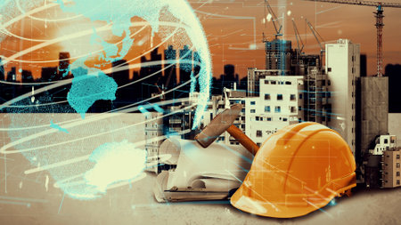 Innovative architecture and inventive civil engineering plan building construction project. Creative graphic design showing concept of infrastructure city building by architect, worker and engineer.の写真素材