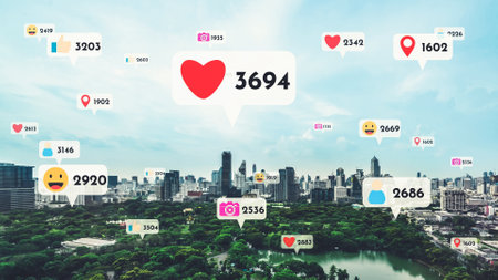 Social media icons fly over city downtown showing people reciprocity connection through social network application platform . Concept for online community and social media marketing strategy .の写真素材
