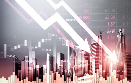 Economic crisis concept shown by digital indicators and graphs falling down with modernistic urban,...