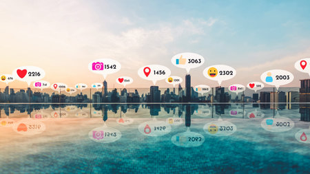 Social media icons fly over city downtown showing people reciprocity connection through social...
