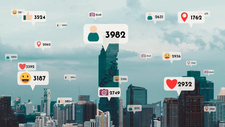 Social media icons fly over city downtown showing people reciprocity connection through social...