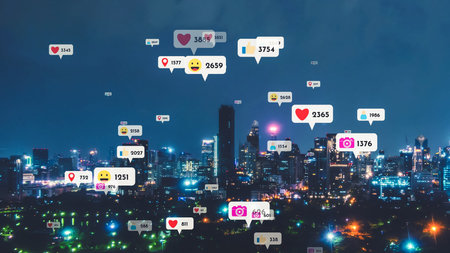 Social media icons fly over city downtown showing people reciprocity connection through social...