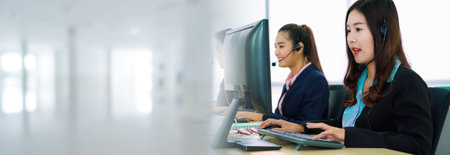 Business people wearing headset working in office in widen view to support remote customer or colleague. Call center, telemarketing, customer support agent provide service on telephone video call.の写真素材