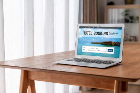 Online hotel accommodation booking website provide modish reservation system . Travel technology concept .の写真素材