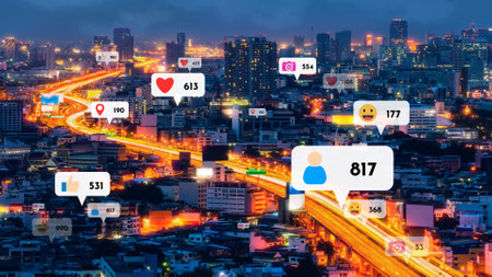 Social media icons fly over city downtown showing people reciprocity connection through social network application platform . Concept for online community and social media marketing strategy .の写真素材