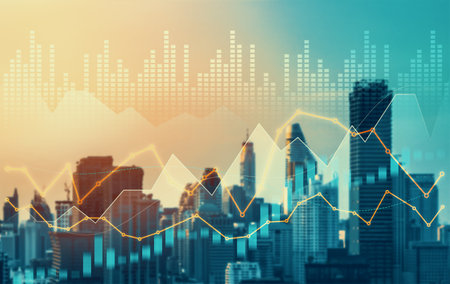 Financial graphs and digital indicators overlap with modernistic urban area, skyscrabber for stock market business concept. Double exposure.の写真素材