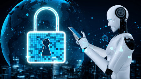 AI robot huminoid uses cloud computing technology to store data on online server . Futuristic...