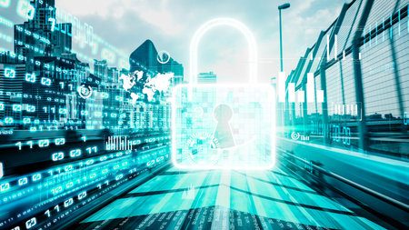 Cyber security and online data protection with tacit secured encryption software . Concept of smart digital transformation and technology disruption that changes global trends in new information era .の写真素材