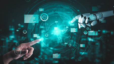 Futuristic robot artificial intelligence enlightening AI technology development and machine learning...