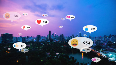 Social media icons fly over city downtown showing people reciprocity connection through social...