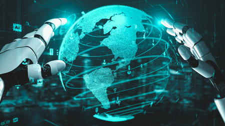 Futuristic robot artificial intelligence enlightening AI technology development and machine learning...