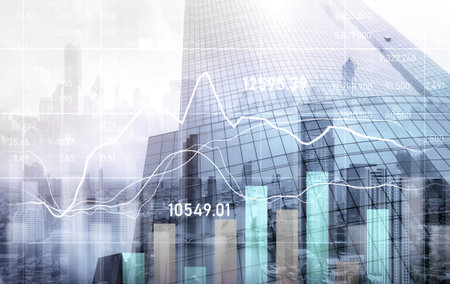 Financial graphs and digital indicators overlap with modernistic urban area, skyscrabber for stock...