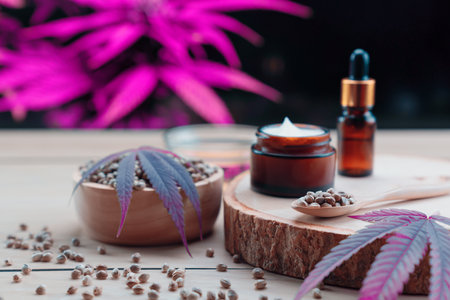 Cannabis and cosmetic concept features with set of CBD oil bottles, cream jar, and wooden bowl of hemp seeds. Legalized cannabis for skincare products.の写真素材
