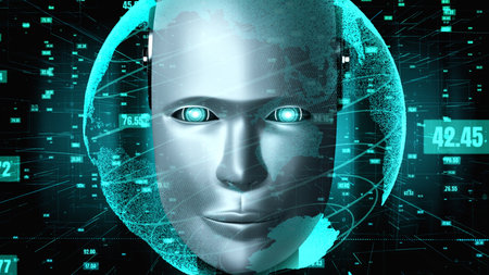 Futuristic robot artificial intelligence huminoid AI data analytic technology development and...