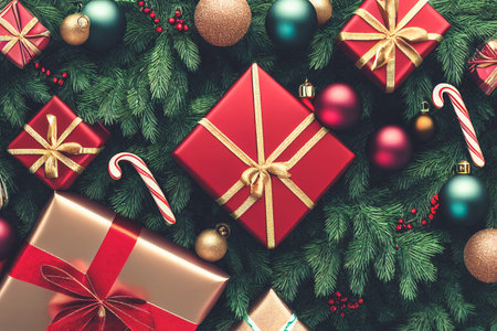 Many gift boxes for merry christmas and new year 2023 spectacular celebration with decorative ornate...