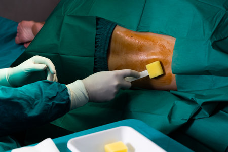 Doctor or surgeon apply betadine to the patient for anesthesia injection to reduce pain before perform surgery operation. Medical surgery preparation procedure in sterile operation theater concept.の写真素材