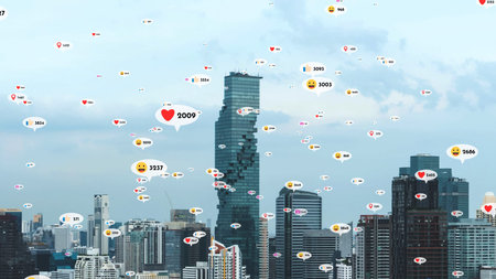 Social media icons fly over city downtown showing people reciprocity connection through social...