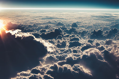 Splendid background cloudscape above the earths atmosphere in the stratosphere, with a galaxy and black, starry space at the horizon. Digital art 3D illustration of view from above the space.の写真素材
