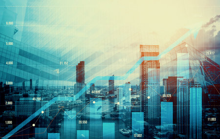 Stock market business concept. Financial graphs and digital indicators with modernistic urban area and skyscrapers as background. Double Exposure.の写真素材