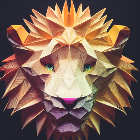 Splendid paper quilling male lion in digital art 3D illustration. Realistic abstract paper craft in geometric shape of lion head for decorative wallpaper or background.の写真素材