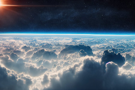 Splendid background cloudscape above the earths atmosphere in the stratosphere, with a galaxy and...