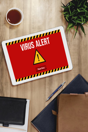 Virus warning alert on computer screen detected modish cyber threat , hacker, computer virus and malwareの写真素材