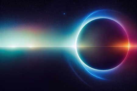 Splendid scenic outer space vibrant color starry galaxy universe in bizarre and fantasy cosmical light in digital art 3D illustration background. Colorful light in the deep space wallpaper.の写真素材