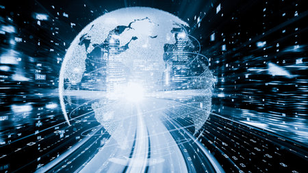 Futuristic global network and tacit digital data transfer 3D graphic . Concept of smart digital...