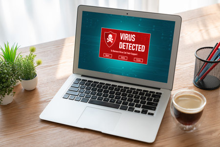Virus warning alert on computer screen detected modish cyber threat , hacker, computer virus and malwareの写真素材