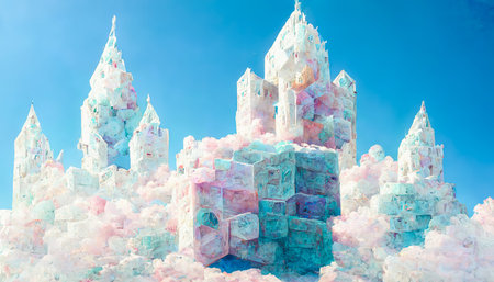 Splendid ice floating castle for fairy tale princess in the sky kingdom with beautiful cloudscape in...