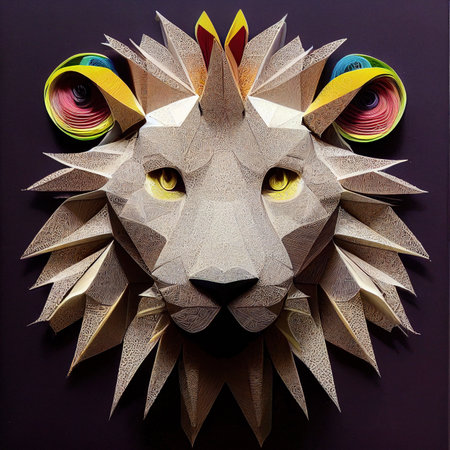 Splendid paper quilling male lion in digital art 3D illustration. Realistic abstract paper craft in geometric shape of lion head for decorative wallpaper or background.の写真素材