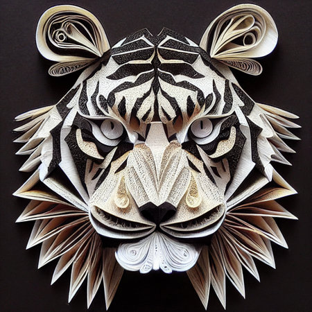 Splendid paper quilling tiger in digital art 3D illustration. Realistic abstract paper craft in geometric shape of bengal asian tiger head for decorative wallpaper or background.の写真素材