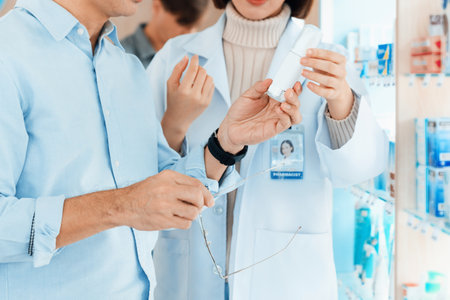 Closeup professional pharmacist advise or explain property of qualified medical product to customer in pharmacy, druggist answer to client healthcare inquiry, medical service and consultation concept.の写真素材