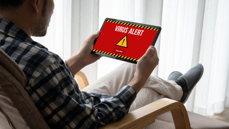 Virus warning alert on computer screen detected modish cyber threat , hacker, computer virus and malwareの写真素材