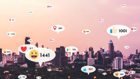 Social media icons fly over city downtown showing people reciprocity connection through social network application platform . Concept for online community and social media marketing strategy .の写真素材