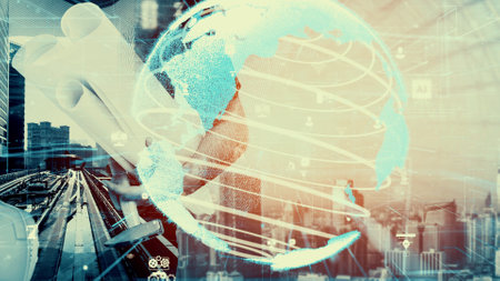 Future building construction and inventive engineering project concept with HUD hologram graphic design. Building engineer, architect people or construction worker works with modern civil technology.の写真素材