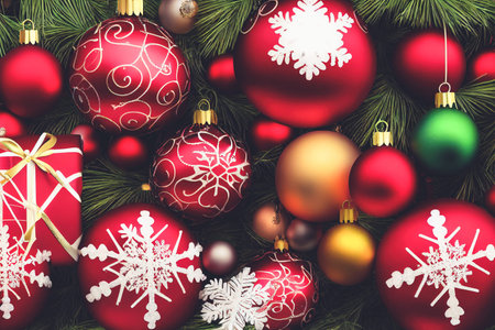 Christmas celebration background decorated with spectacular baubles gift baubles gift for merry...