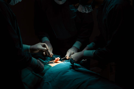 Surgical team performing surgery to patient in sterile operating room. In a surgery room lit by a...
