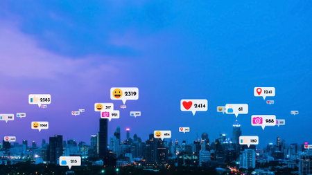 Social media icons fly over city downtown showing people reciprocity connection through social network application platform . Concept for online community and social media marketing strategy .の写真素材